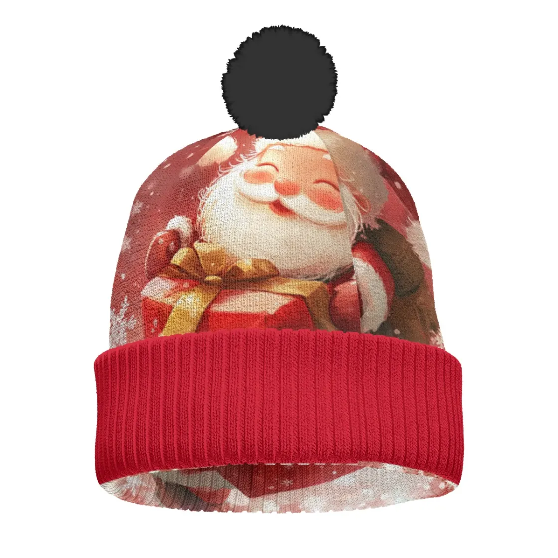 All-Over Print Knitted Hat With Pom-Pom