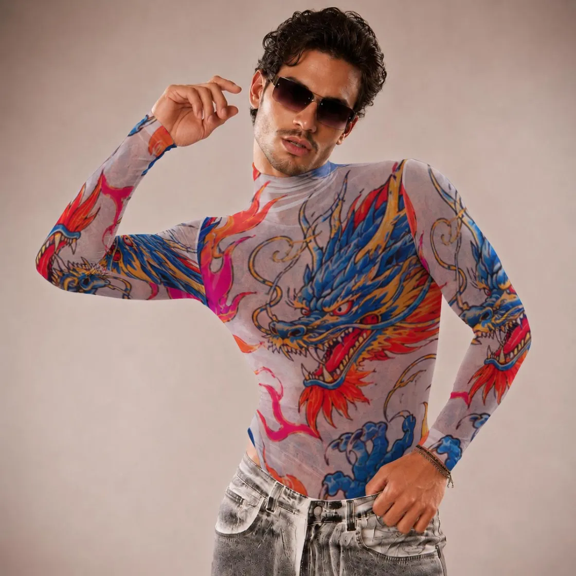 All-Over Print Men's Mesh Turtleneck Long Sleeve Bodysuit