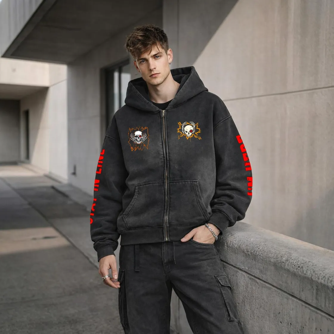 Fleece Lined Gradient Washed Zip Hoodie|355GSM DTF