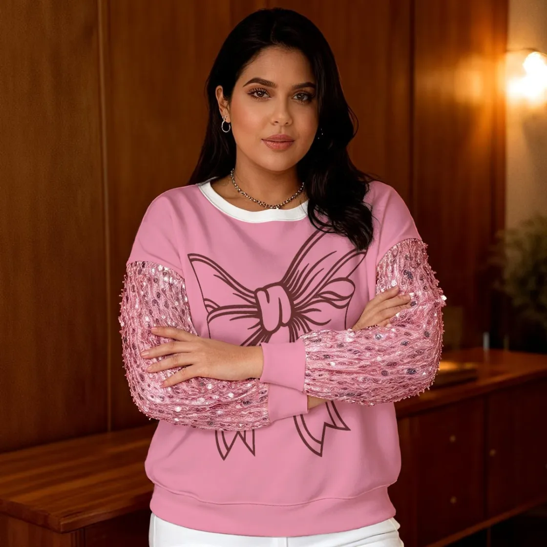 All-Over Print Women's Sequin Sleeve Sweatshirt