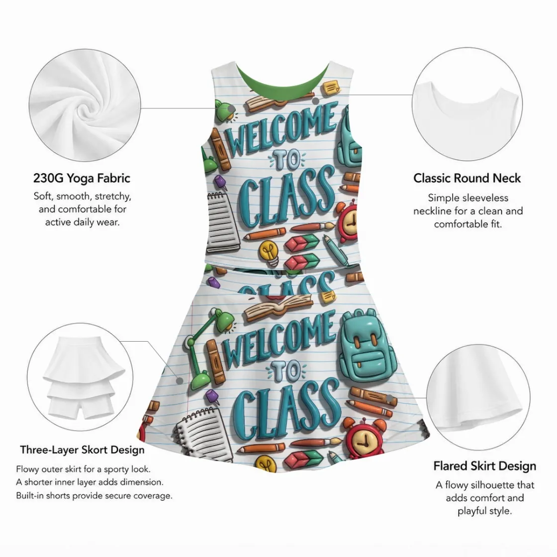 All-Over Print Girl's Sleeveless Double-Layer Sports Skirt Set