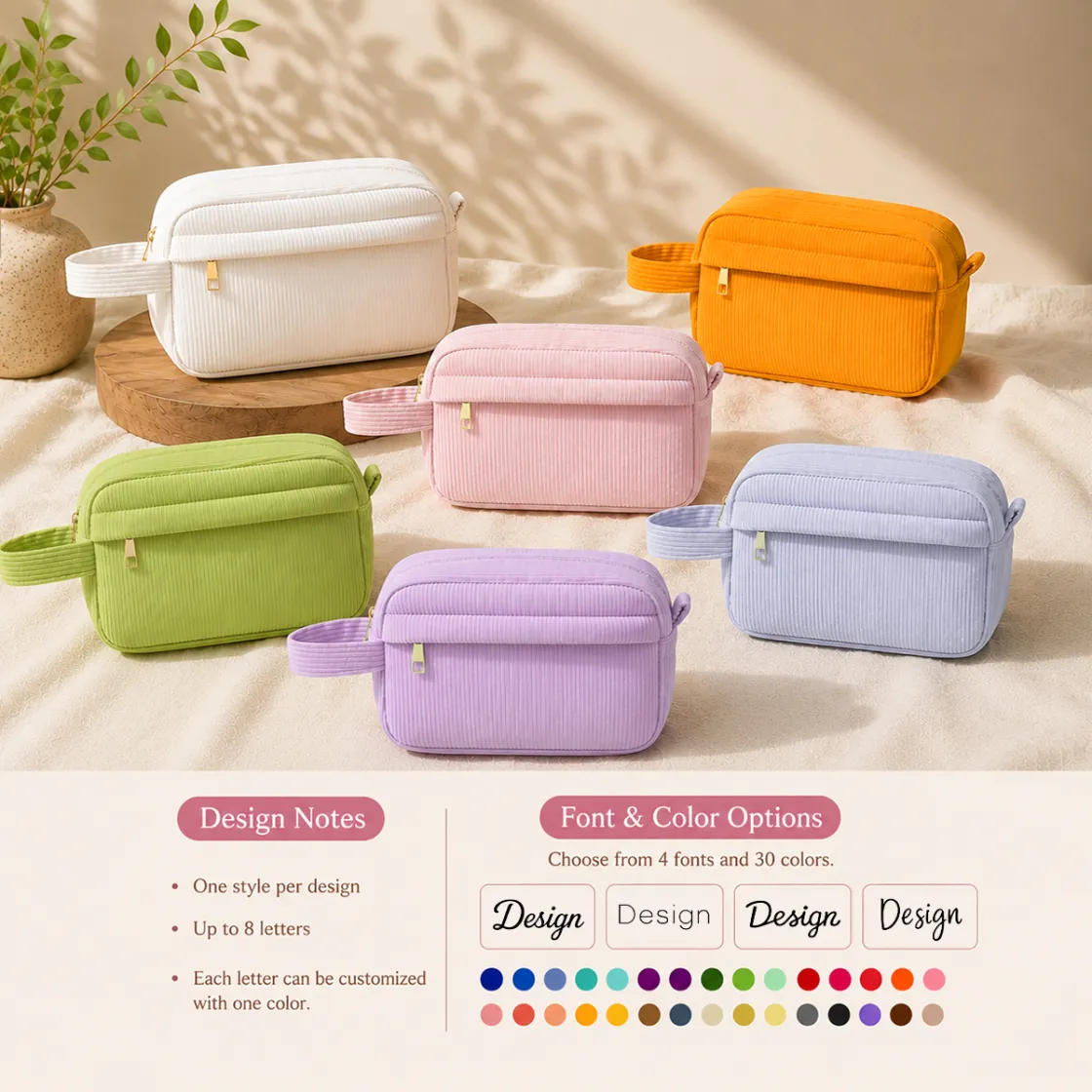Corduroy Cosmetic Bag With Handle |Cord Embroidery