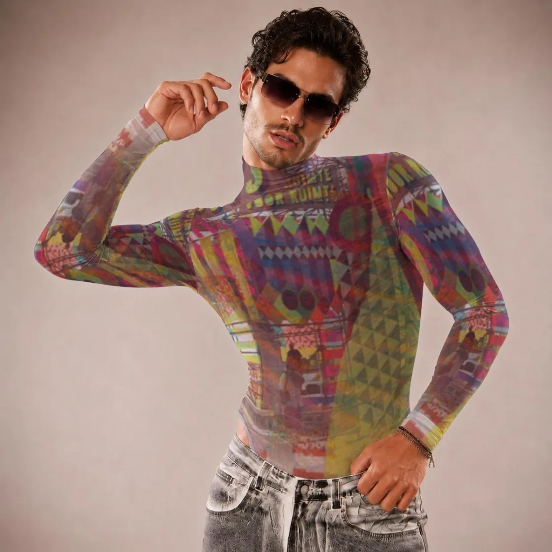 All-Over Print Men's Mesh Turtleneck Long Sleeve Bodysuit