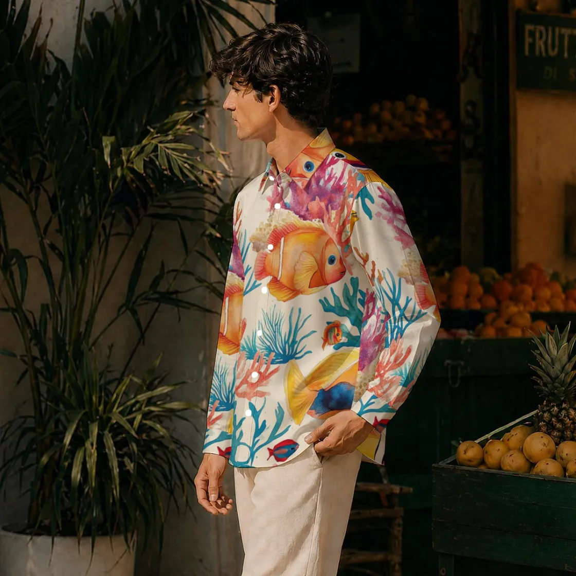 All-Over Print Men's Imitation Silk Long-Sleeved Shirt