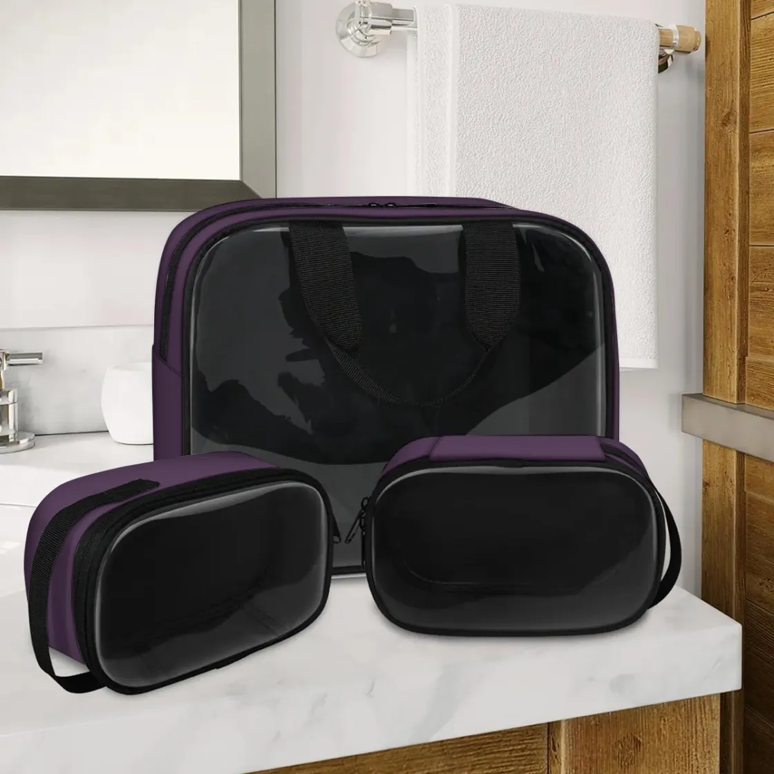 3-Piece Large-Capacity Travel Cosmetic Bag Set With PVC Back Panel