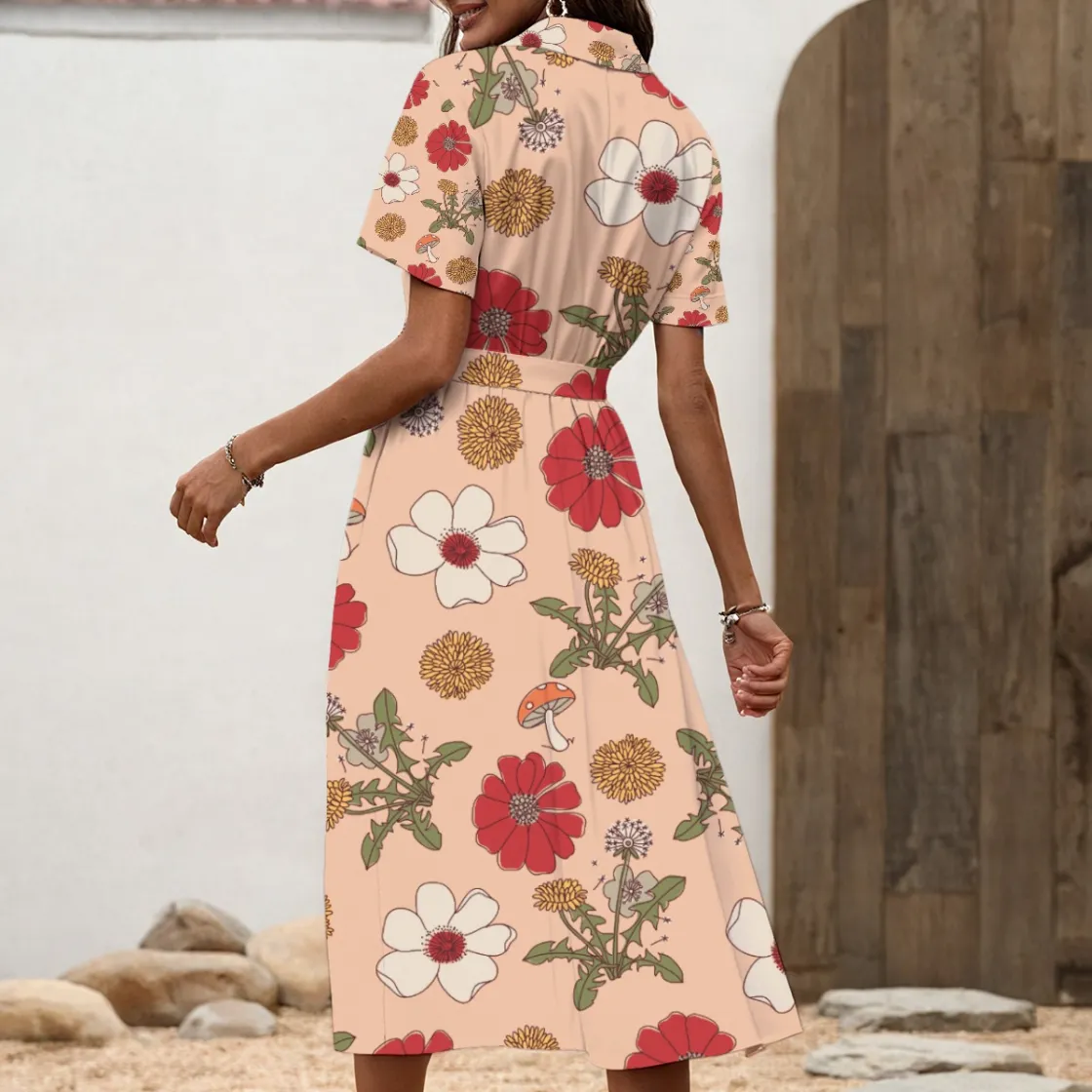All-Over Print Women's Shirt Dress with Waist Tie