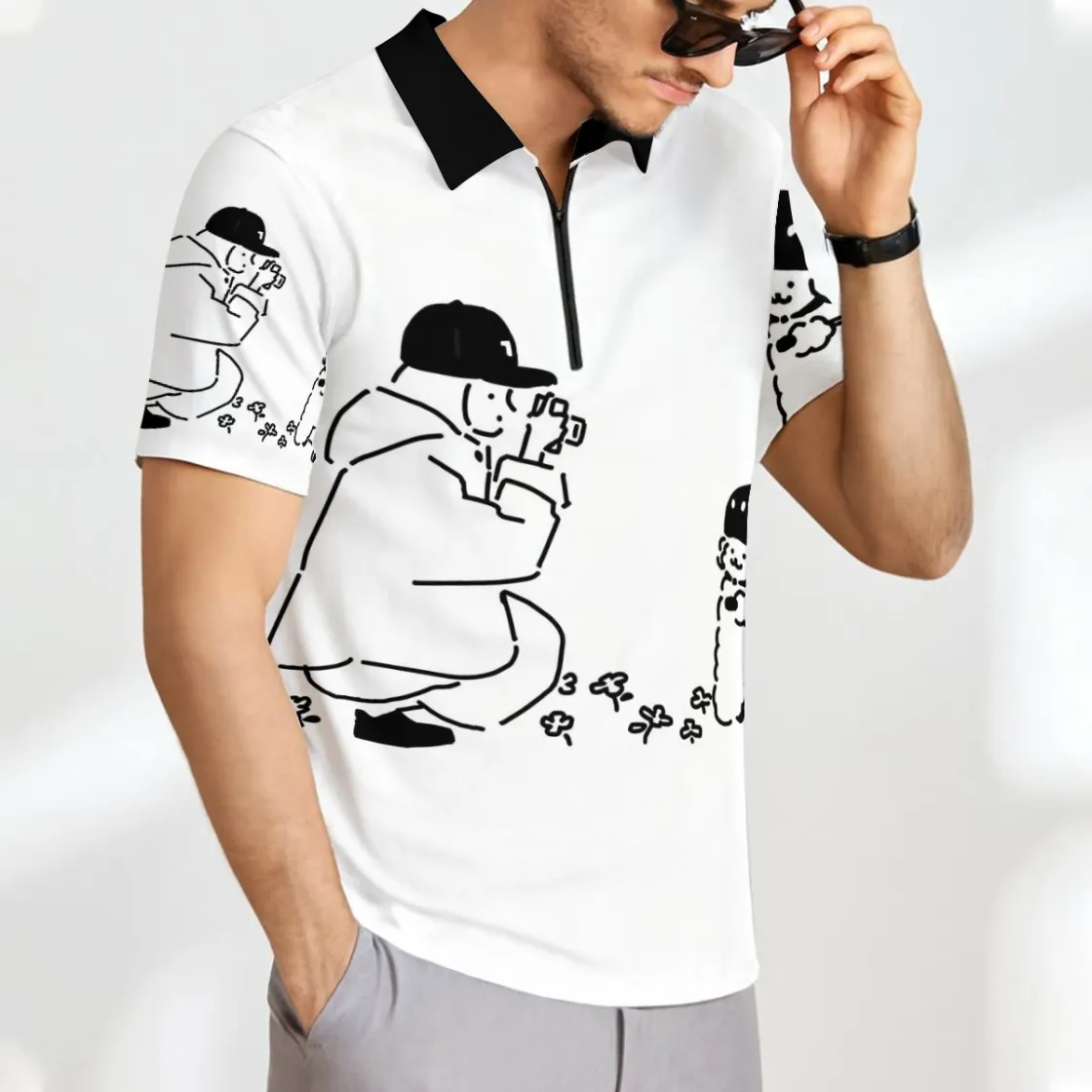 All-Over Print Men’s Short Sleeve Polo Shirt with Zipper