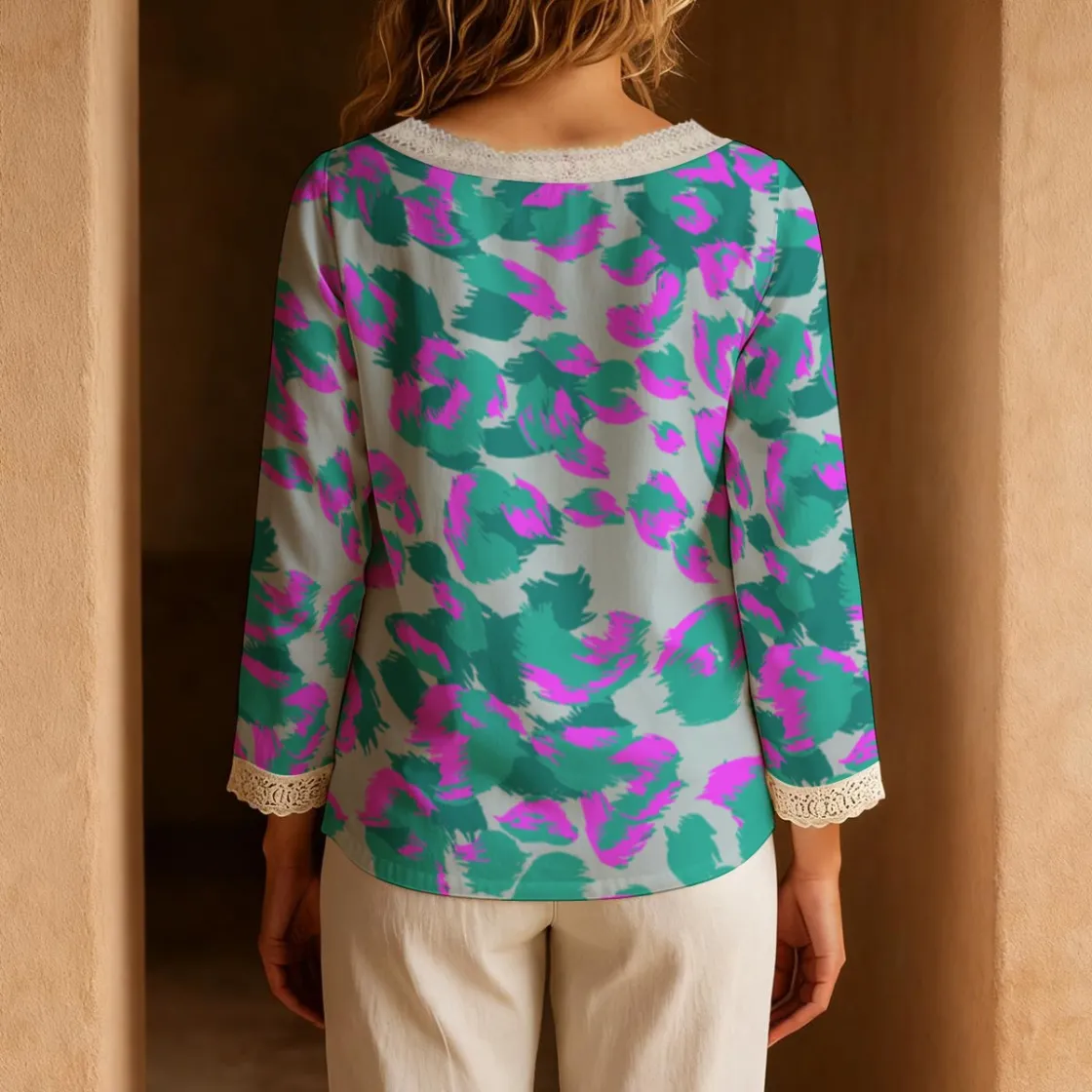 All-Over Print Women's Long-Sleeve Casual Top With Tie Collar