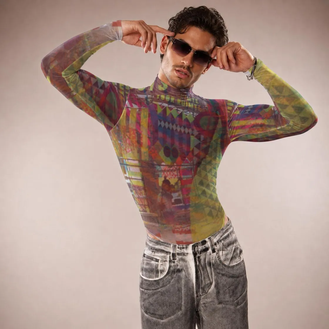 All-Over Print Men's Mesh Turtleneck Long Sleeve Bodysuit