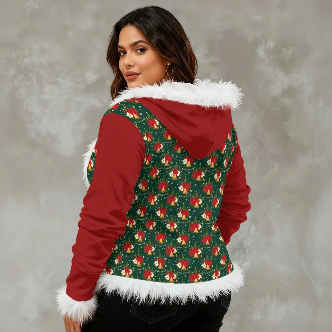 All-Over Print Women's Faux Fur Trim Hooded Jacket | Velvet