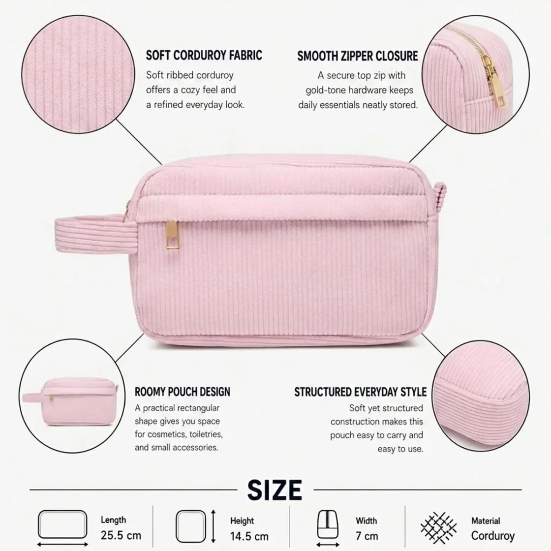 Corduroy Cosmetic Bag With Handle |Cord Embroidery