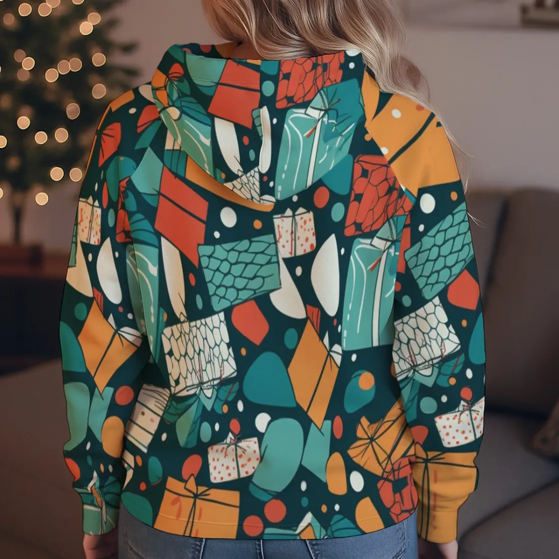 All-Over Print Women's Lapel Hoodie with Pocket