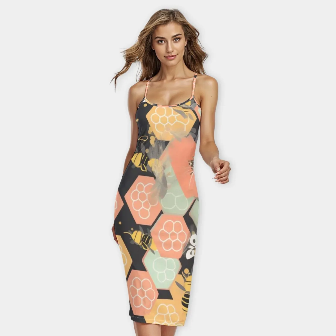 All-Over Print Women's Bodycon Spaghetti Strap Midi Dress