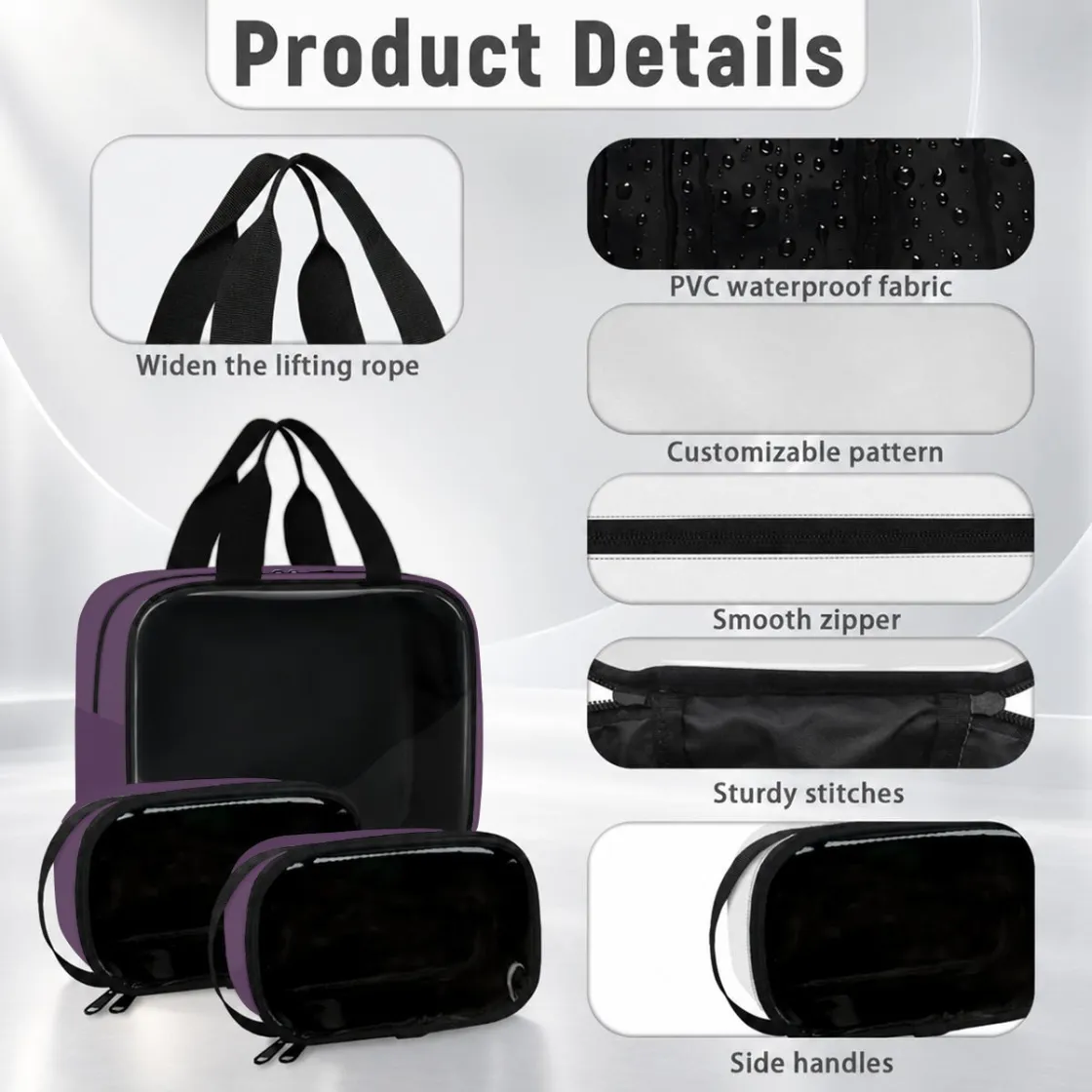 3-Piece Large-Capacity Travel Cosmetic Bag Set With PVC Back Panel
