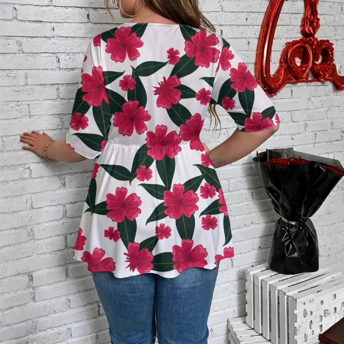 All-Over Print Women's V-Neck Asymmetrical Hem Top