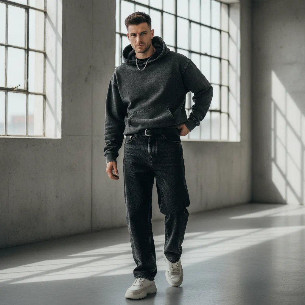 Men’s Washed Denim Pullover Hoodie|380GSM DTF