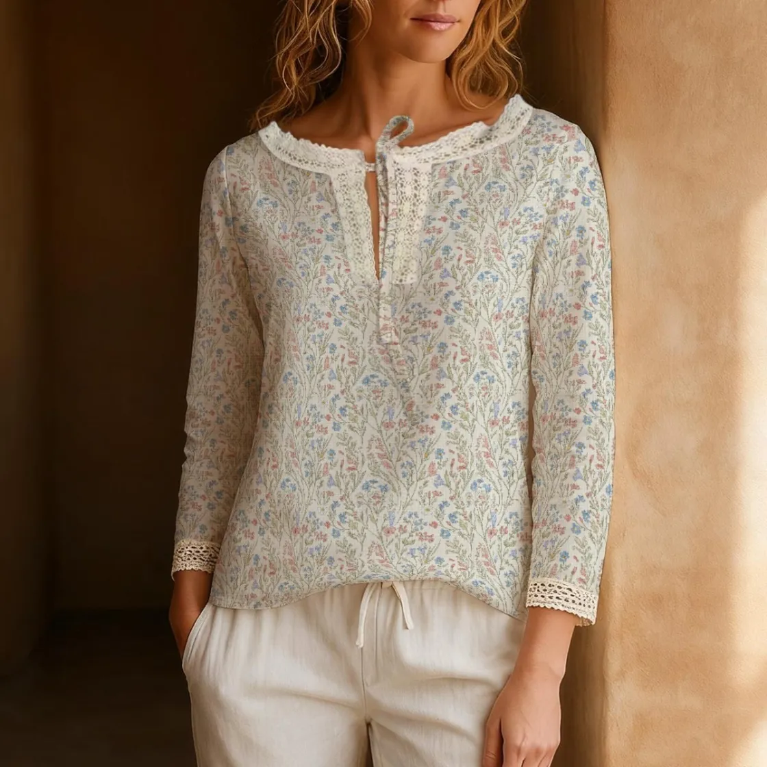 All-Over Print Women's Long-Sleeve Casual Top With Tie Collar