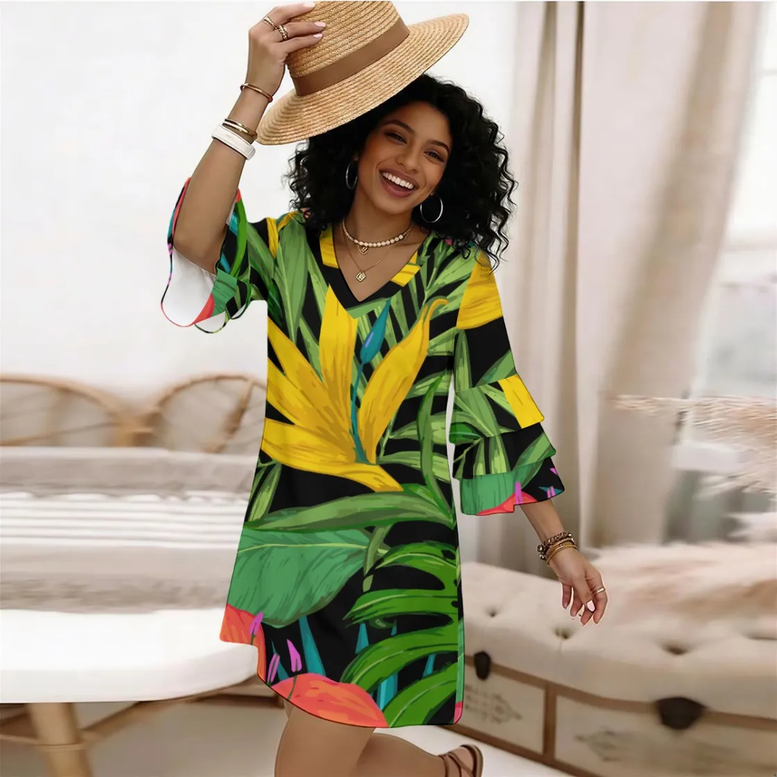 All-Over Print Women's Stacked Ruffle Sleeve Dress