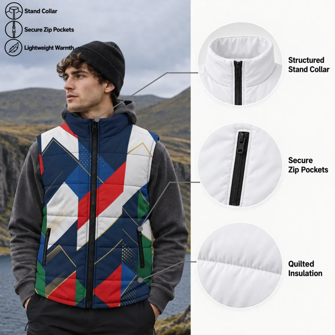 All-Over Print Unisex Quilted Full-Zip Padded Vest