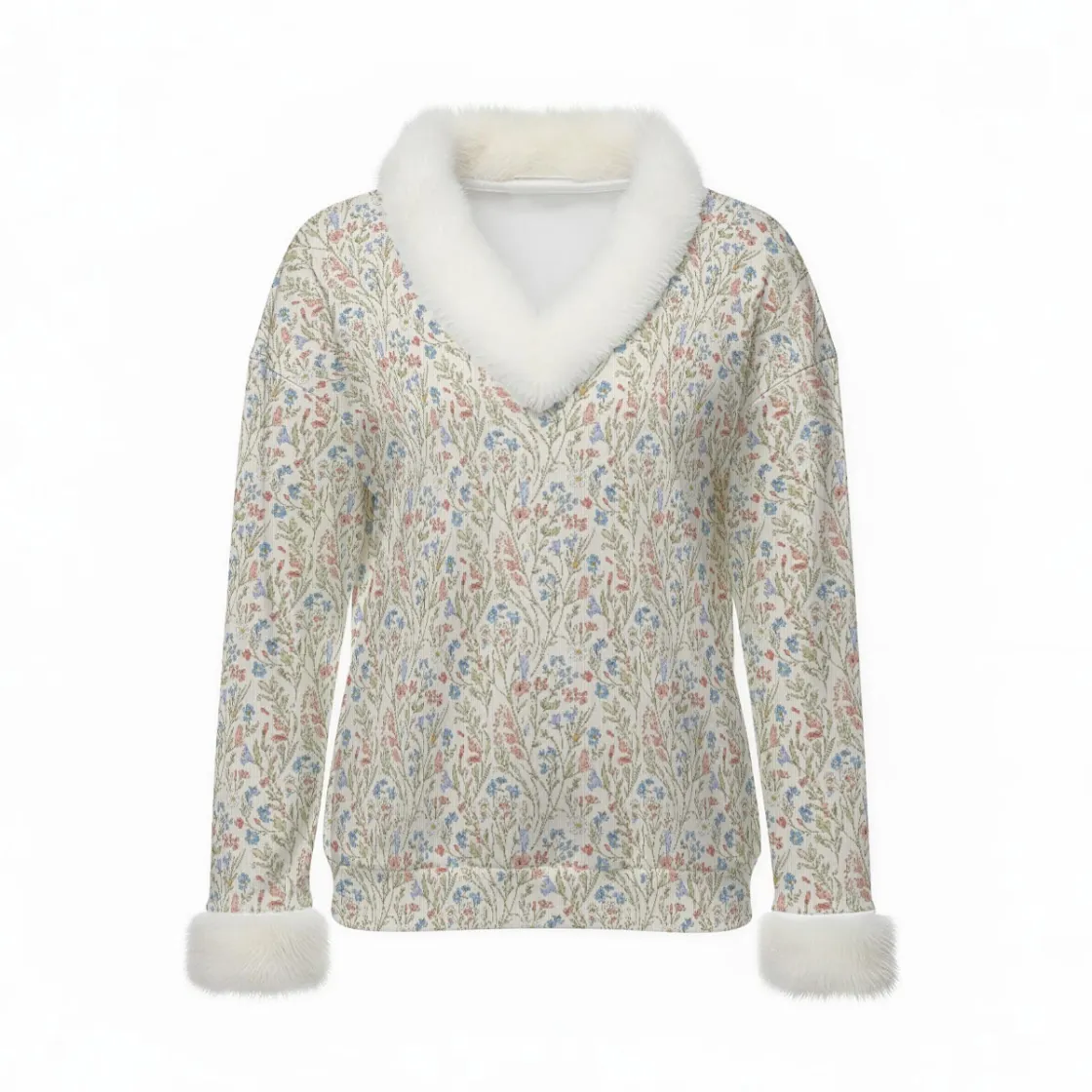All-Over Print Women's Faux Knit V-Neck Sweater Top with Fur Trim