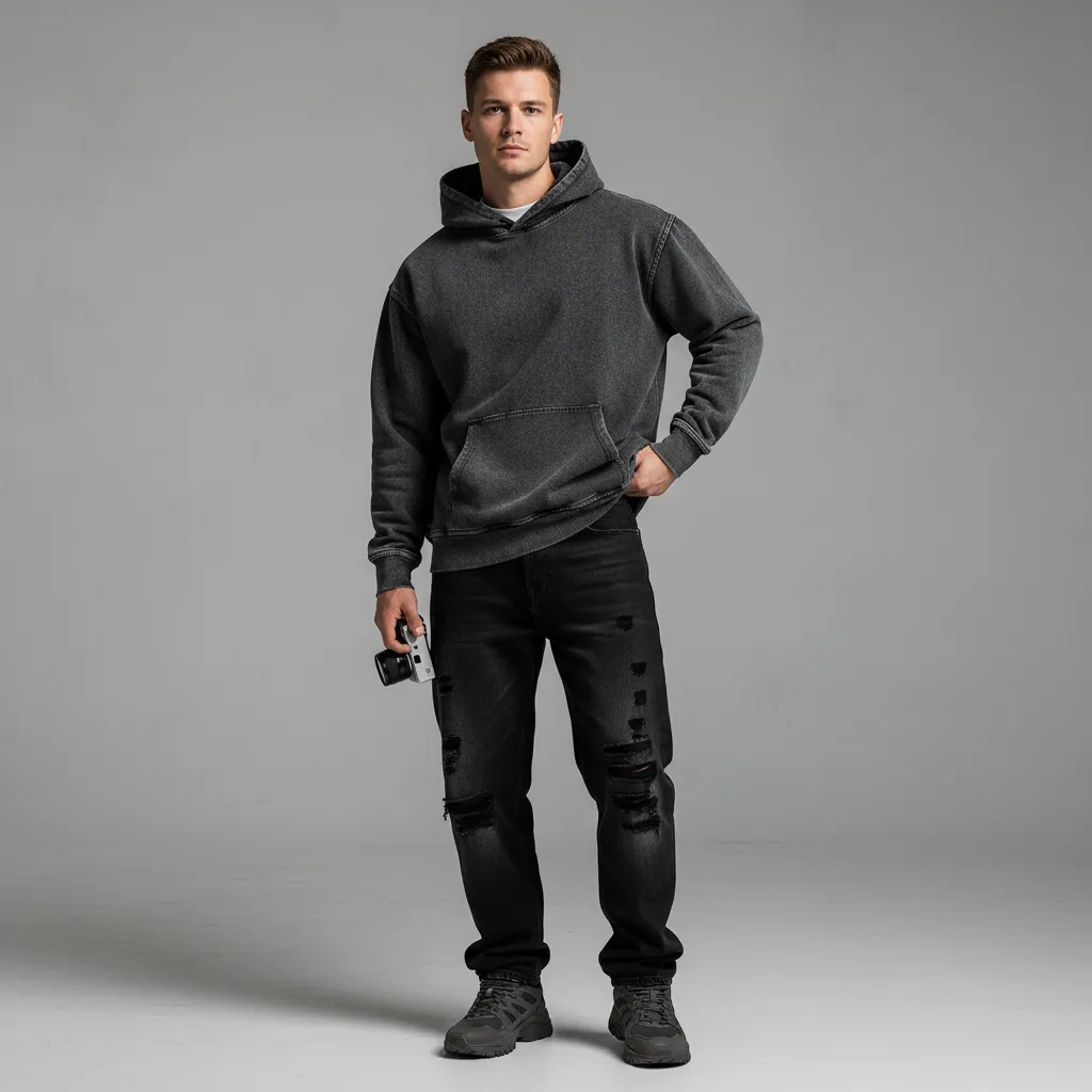 Men’s Washed Denim Pullover Hoodie|380GSM DTF