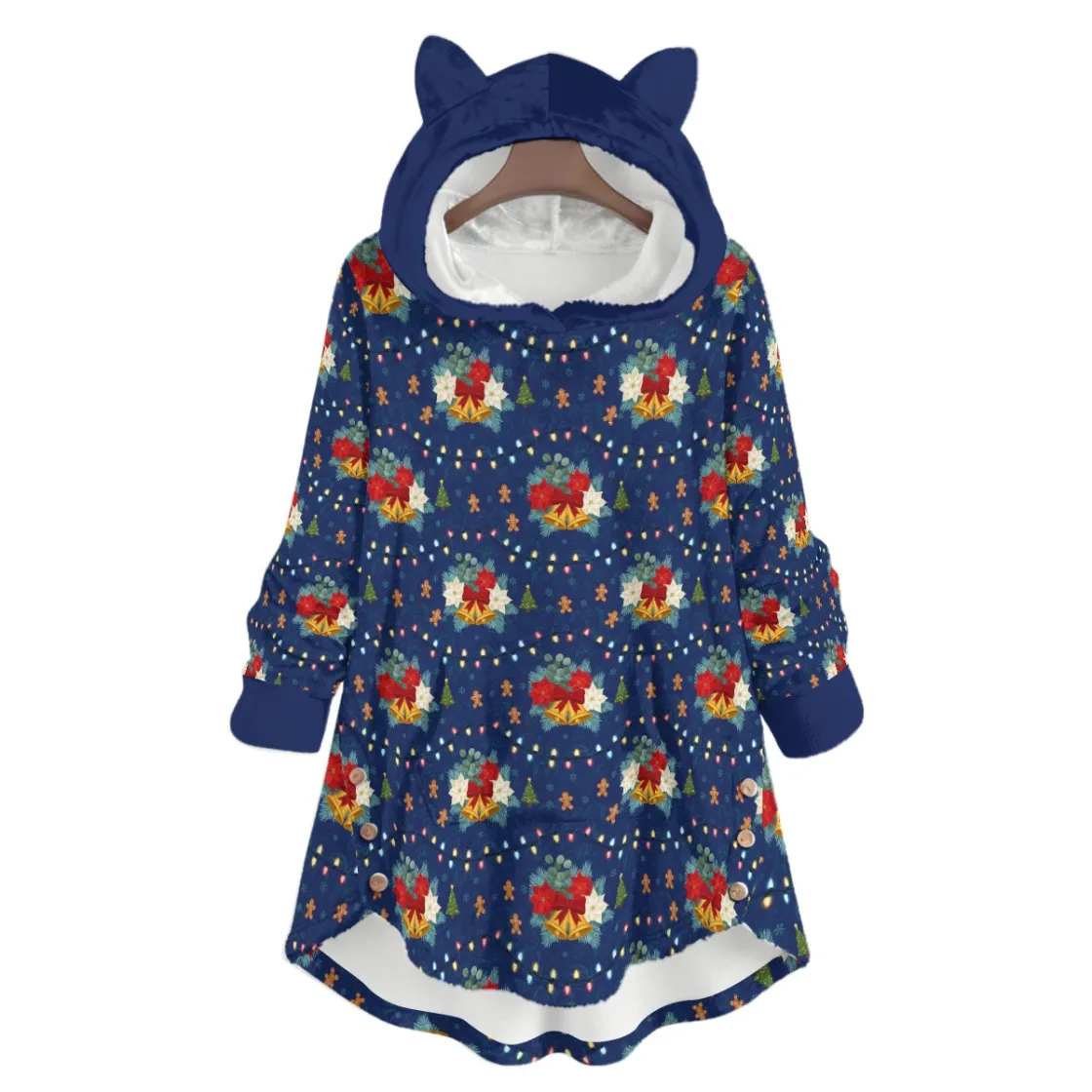 All-Over Print Women's Flannel Hoodie with Cat Ears