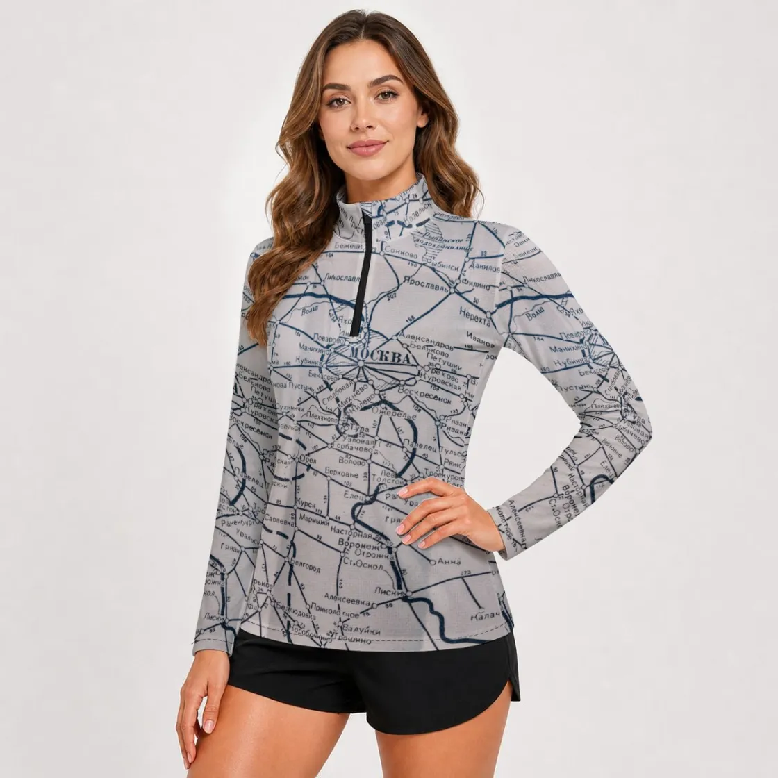 All-Over Print Women's Stand-Collar Sun Protection Sport Jersey With Long Sleeve