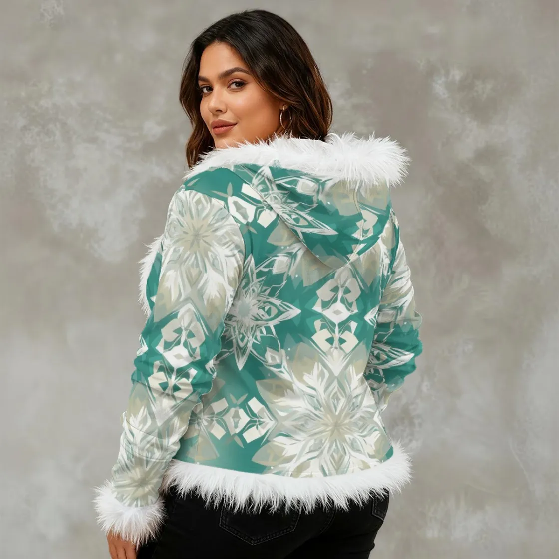 All-Over Print Women's Faux Fur Trim Hooded Jacket | Velvet