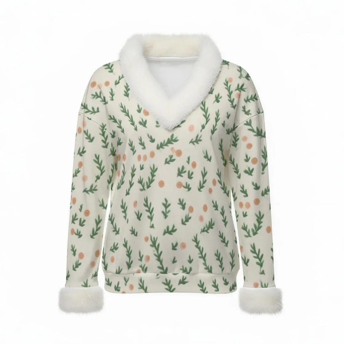 All-Over Print Women's Faux Knit V-Neck Sweater Top with Fur Trim