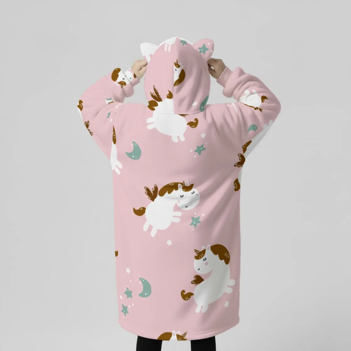 All-Over Print Kids Half-Zip Hooded Wearable Blanket with Ears