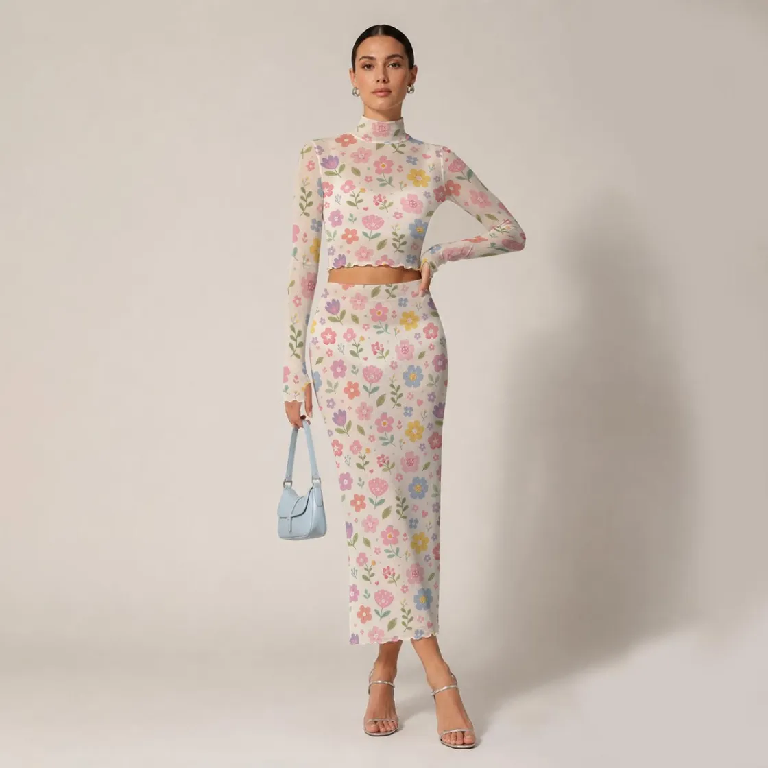 All-Over Print Women's High Neck Skirt Set With Thumb Hole