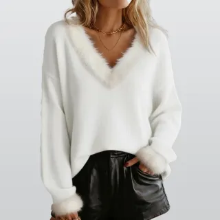 All-Over Print Women's Faux Knit V-Neck Sweater Top with Fur Trim