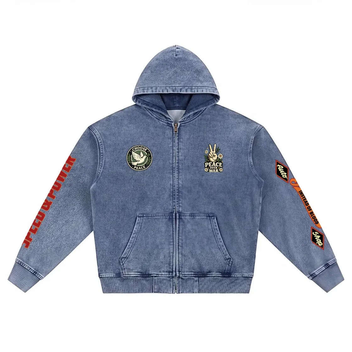 Men’s Washed Denim Zip Hoodie|380GSM DTG