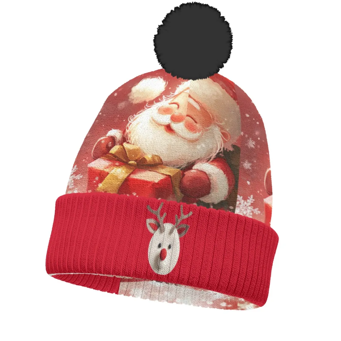 All-Over Print Knitted Hat With Pom-Pom