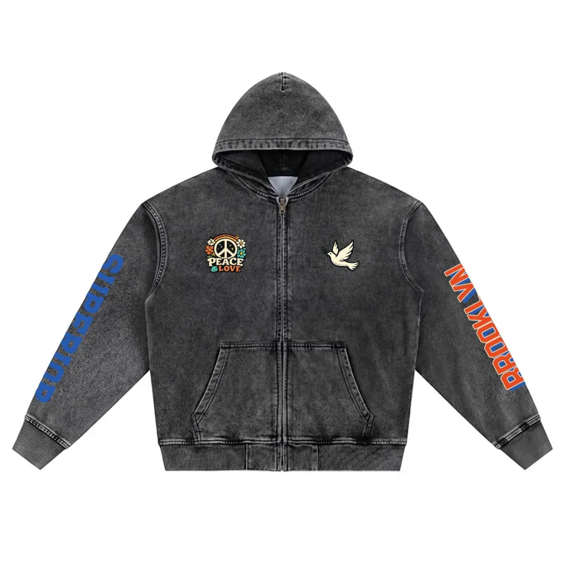 Men’s Washed Denim Zip Hoodie|380GSM DTF