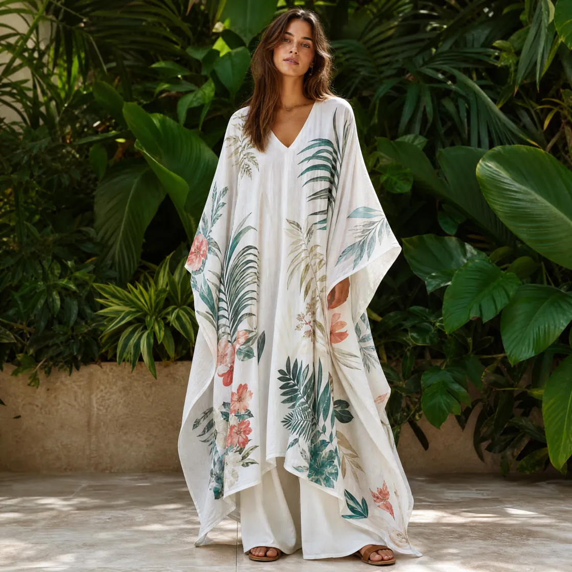 All-Over Print Women's Imitation Silk V-neck Kaftan Robe