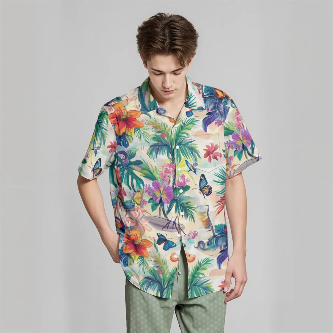 All-Over Print Hawaiian Shirt With Pocket|115GSM Cotton poplin