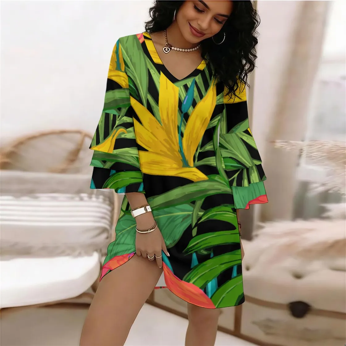 All-Over Print Women's Stacked Ruffle Sleeve Dress