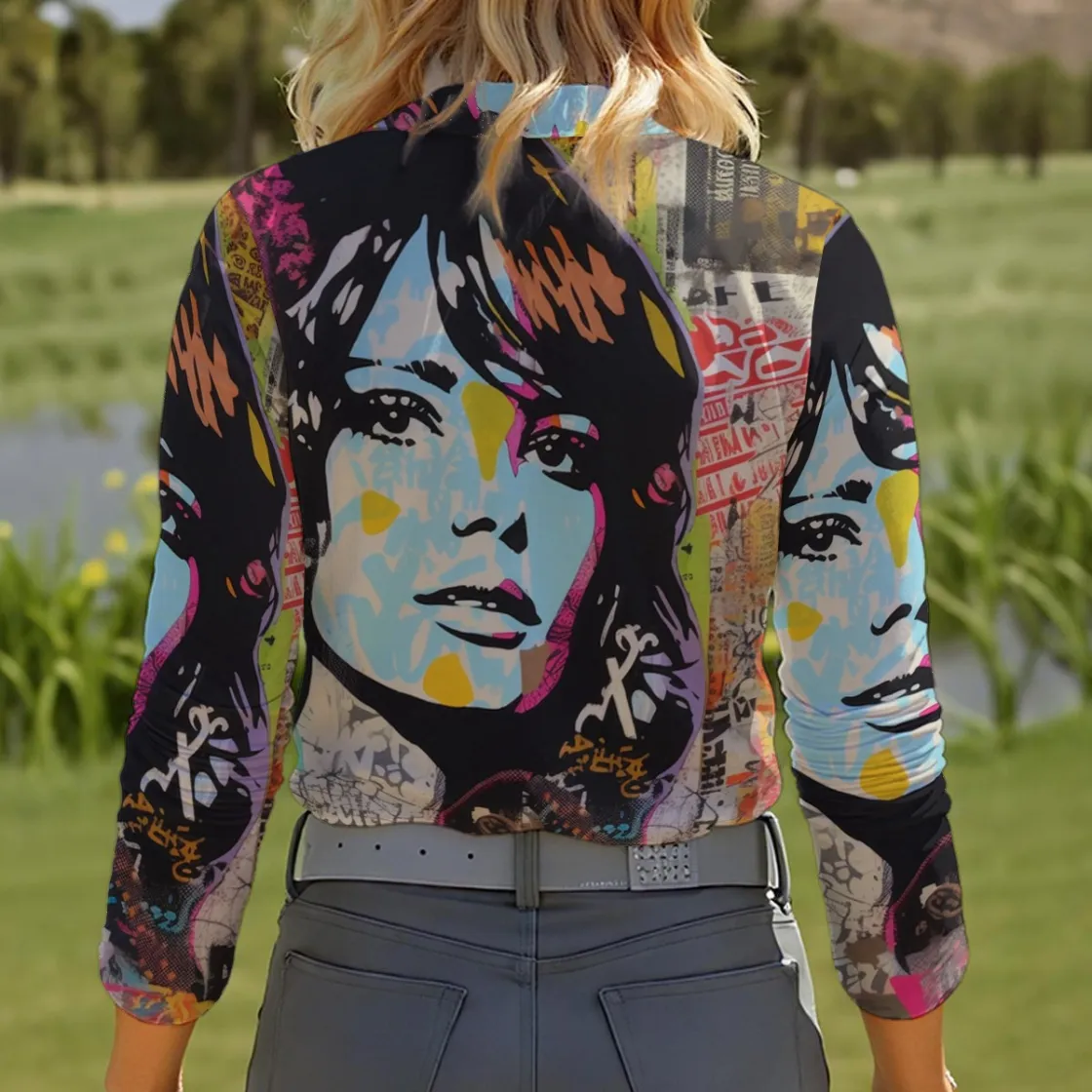 All-Over Print Women's Quarter Zip Sport Shirt With  Long Sleeve