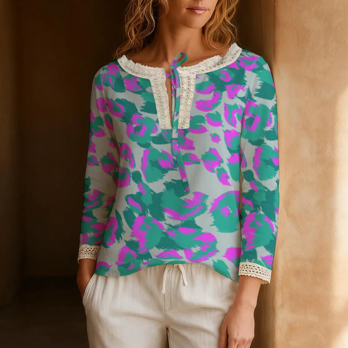 All-Over Print Women's Long-Sleeve Casual Top With Tie Collar
