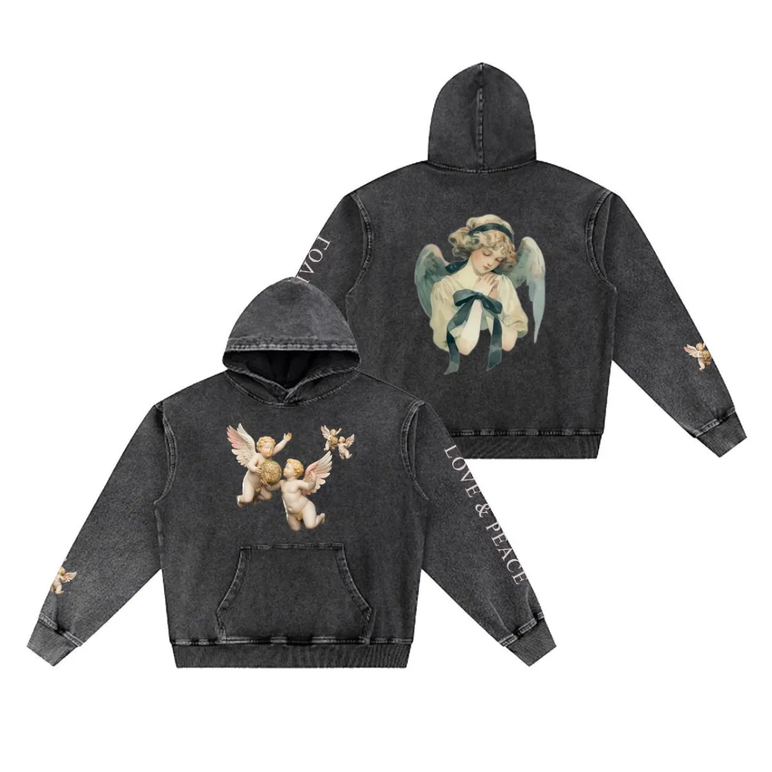 Men’s Washed Denim Pullover Hoodie|380GSM DTF