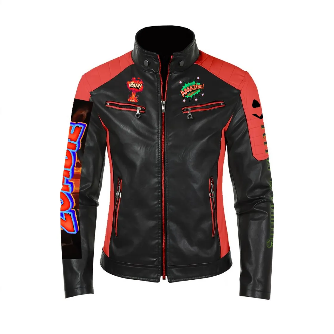 Men's Stand-up Collar Block Slim-fit Leather Jacket (DTF)