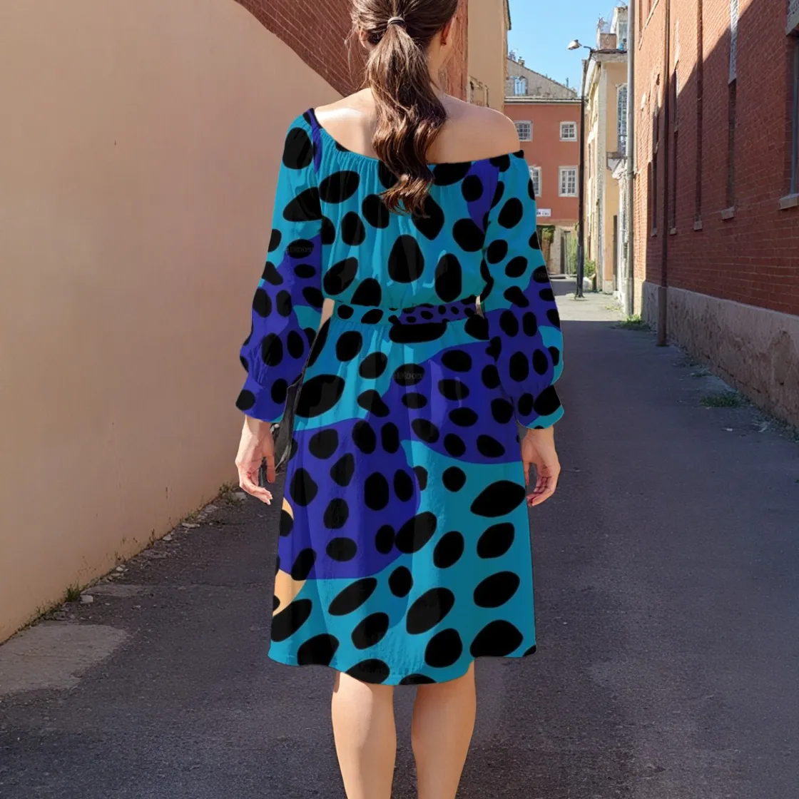 All-Over Print Women's Off-Shoulder Dress With Belt