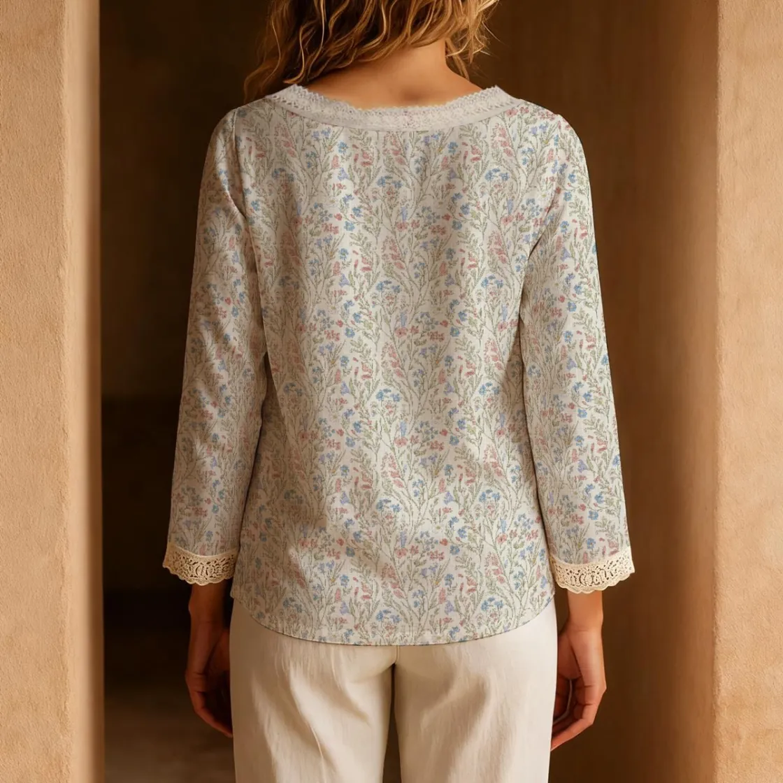 All-Over Print Women's Long-Sleeve Casual Top With Tie Collar