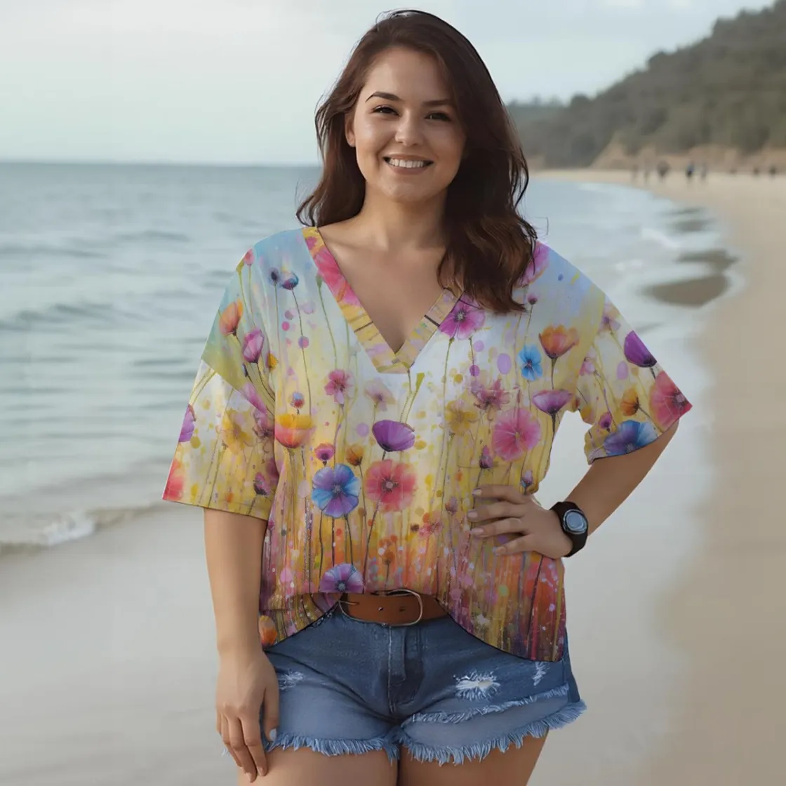 All-Over Print Women’s Casual V-Neck Short Sleeve Top