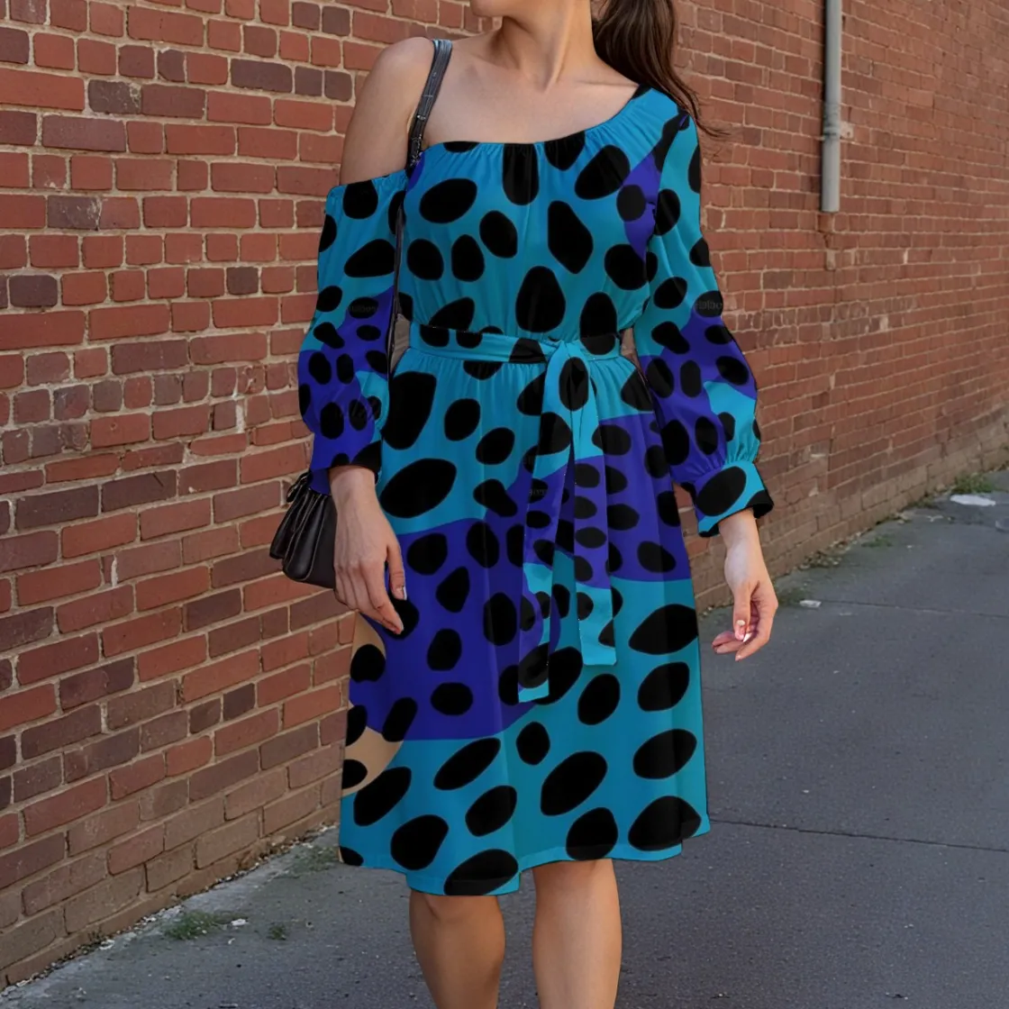 All-Over Print Women's Off-Shoulder Dress With Belt