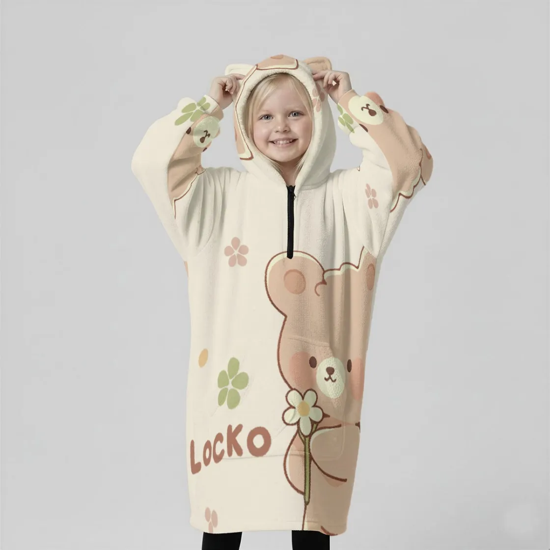 All-Over Print Kids Half-Zip Hooded Wearable Blanket with Ears