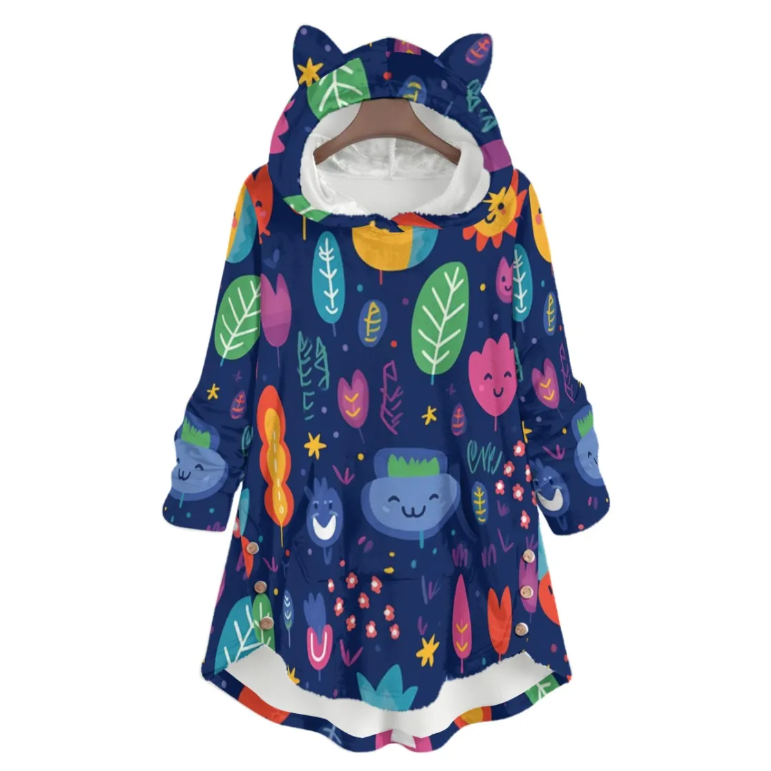 All-Over Print Women's Flannel Hoodie with Cat Ears