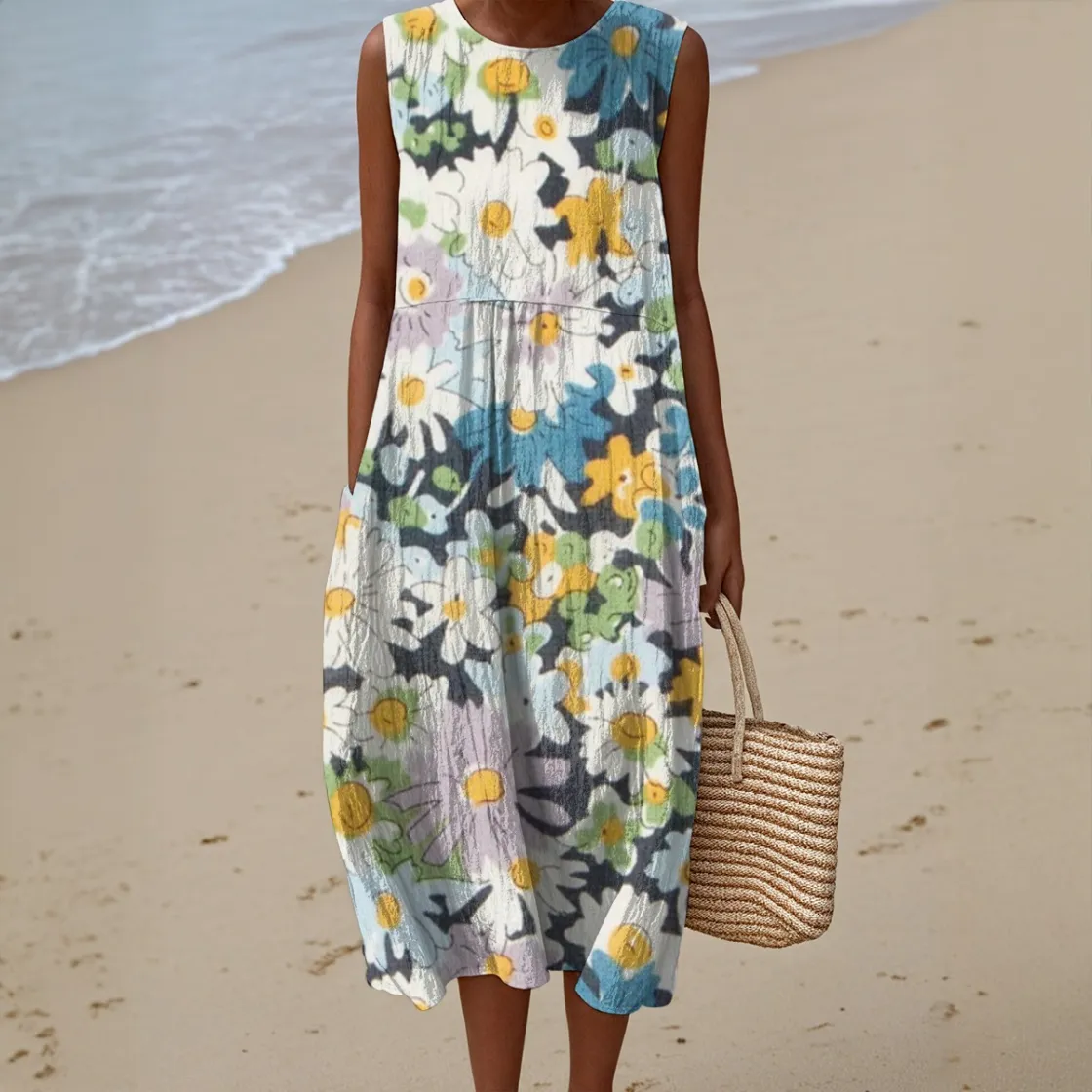 All-Over Print Women's Sleeveless Dress With Pocket|140GSM Slub Cotton