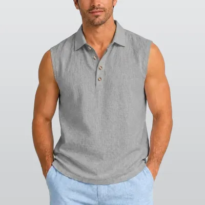 Men’s Linen-Blend Sleeveless Polo Shirt|DTF